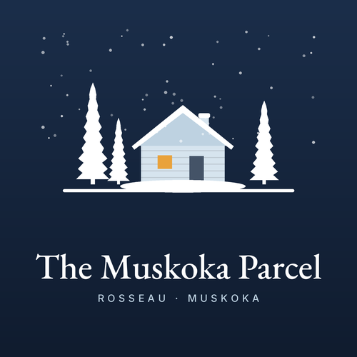 The Muskoka Parcel logo: a snowy cabin with a lit window, Rosseau, Muskoka
