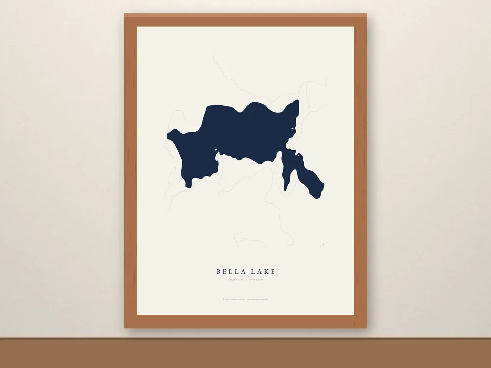 Framed Bella Lake Map in a red oak frame