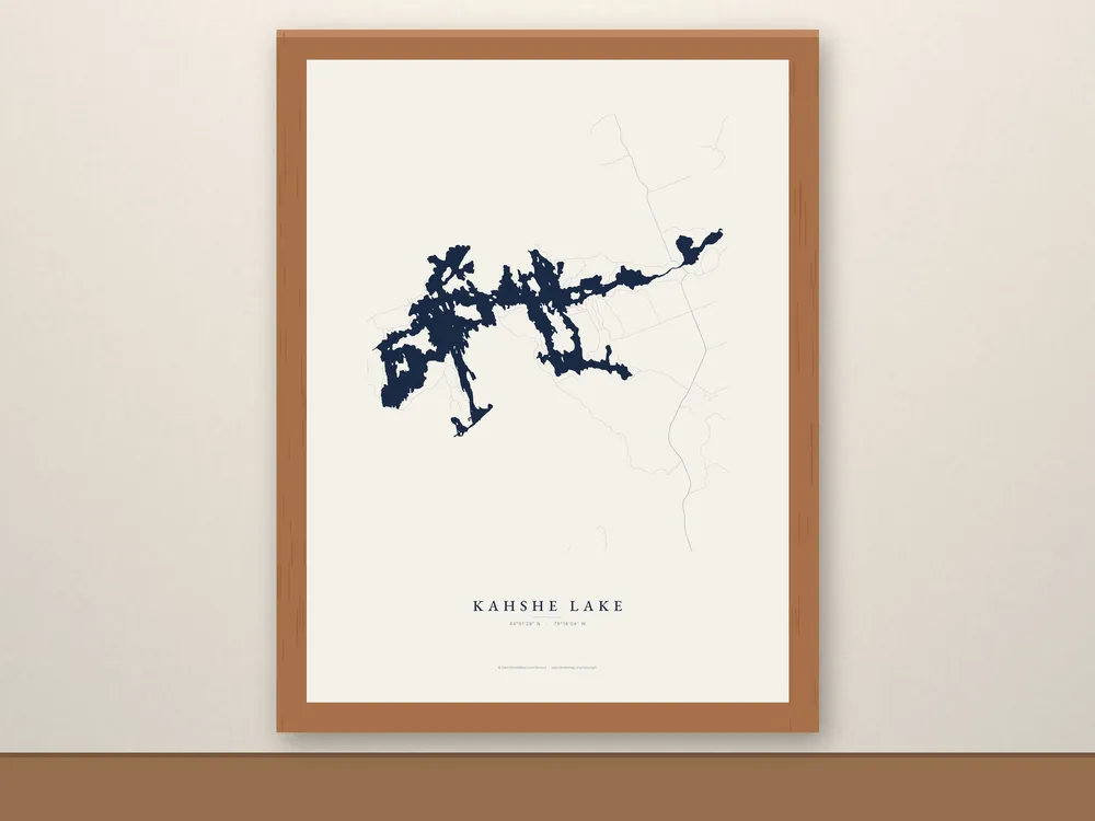 Framed Kahshe Lake Map in a red oak frame