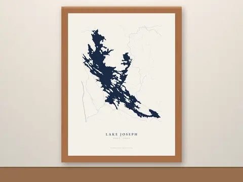 Framed Lake Joseph Map in a red oak frame
