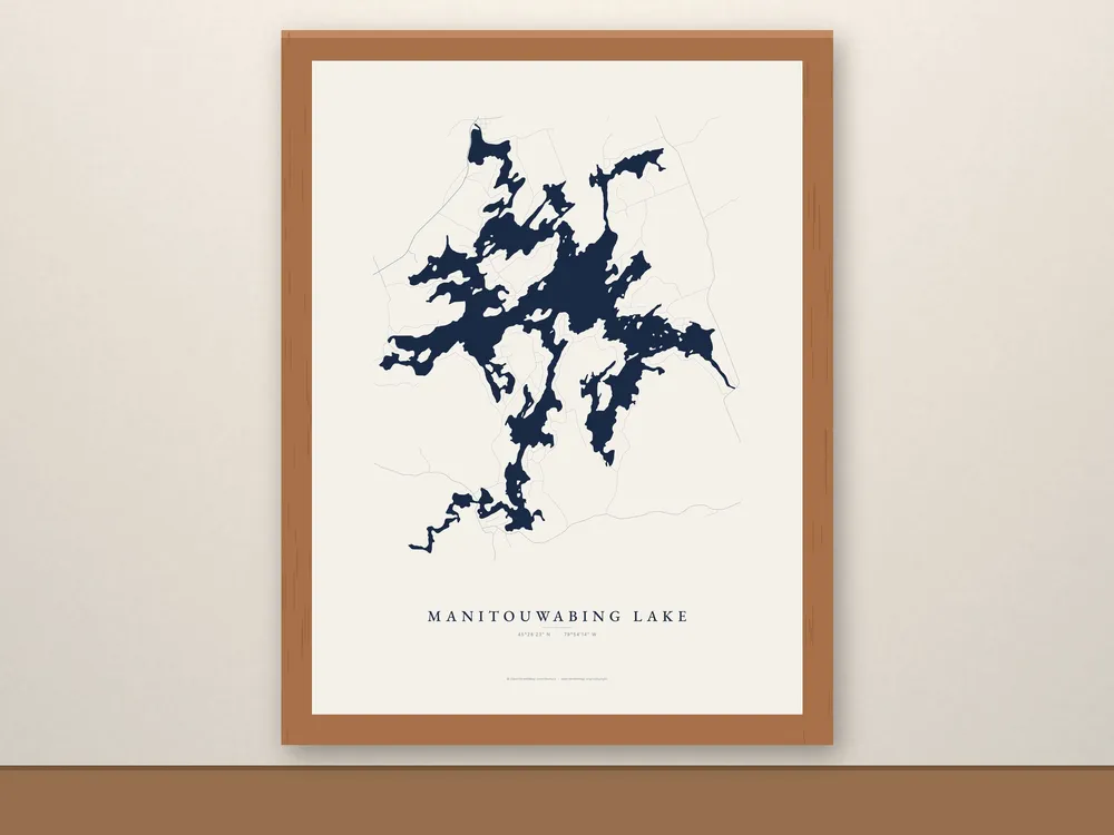 Framed Manitouwabing Lake Map in a red oak frame