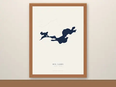 Framed Ril Lake Map in a red oak frame