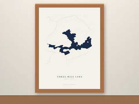 Framed Three Mile Lake Map in a red oak frame