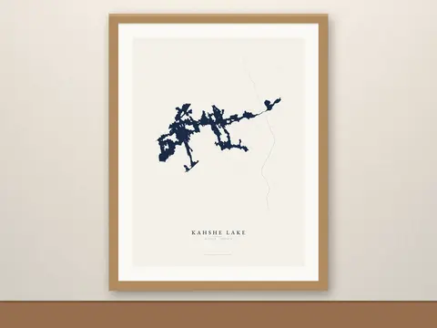 Kahshe Lake map print, framed for display