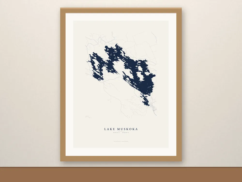 Lake Muskoka map print, framed for display