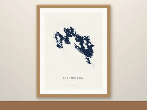 Lake Muskoka map print, framed for display