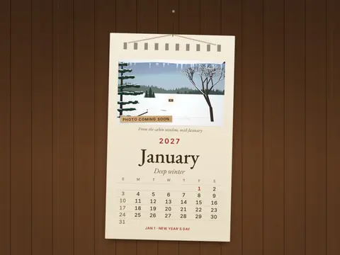 The Muskoka Calendar 2027, January page: a snowy lake view drawn from the cabin window above the month grid (sample page)