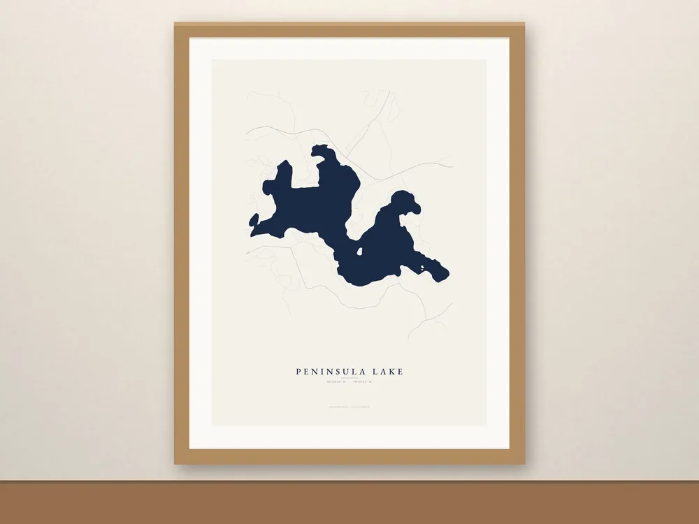 Peninsula Lake map print, framed for display