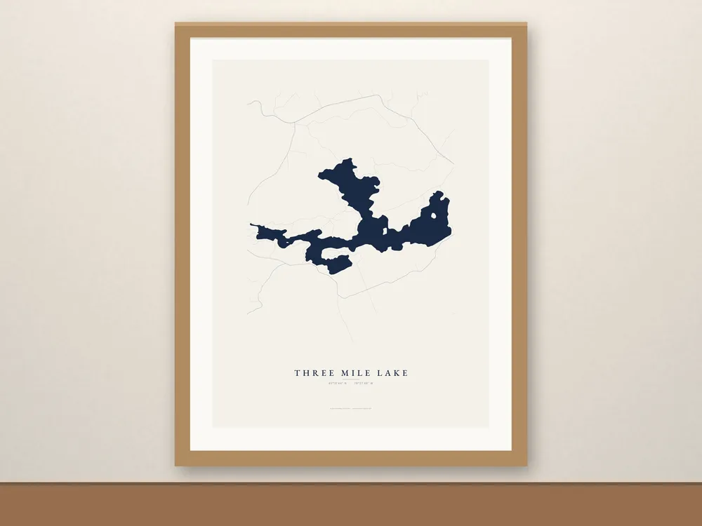 Three Mile Lake map print, framed for display