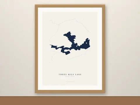 Three Mile Lake map print, framed for display