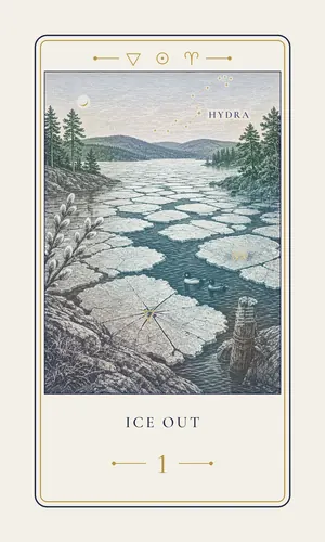 Card 1, Ice Out, a spring card. Its line: What held you is letting go.
