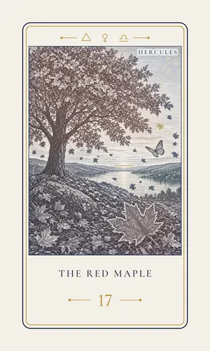Card 17, The Red Maple, a autumn card. Its line: You're allowed to blaze.