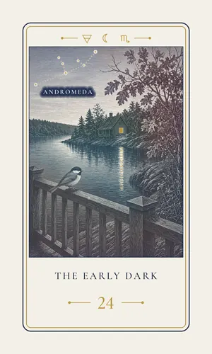 Card 24, The Early Dark, a autumn card. Its line: The dark comes early. Light your one window.