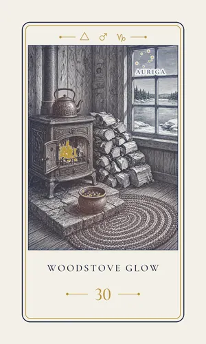 Card 30, Woodstove Glow, a winter card. Its line: The fire you keep keeps you.